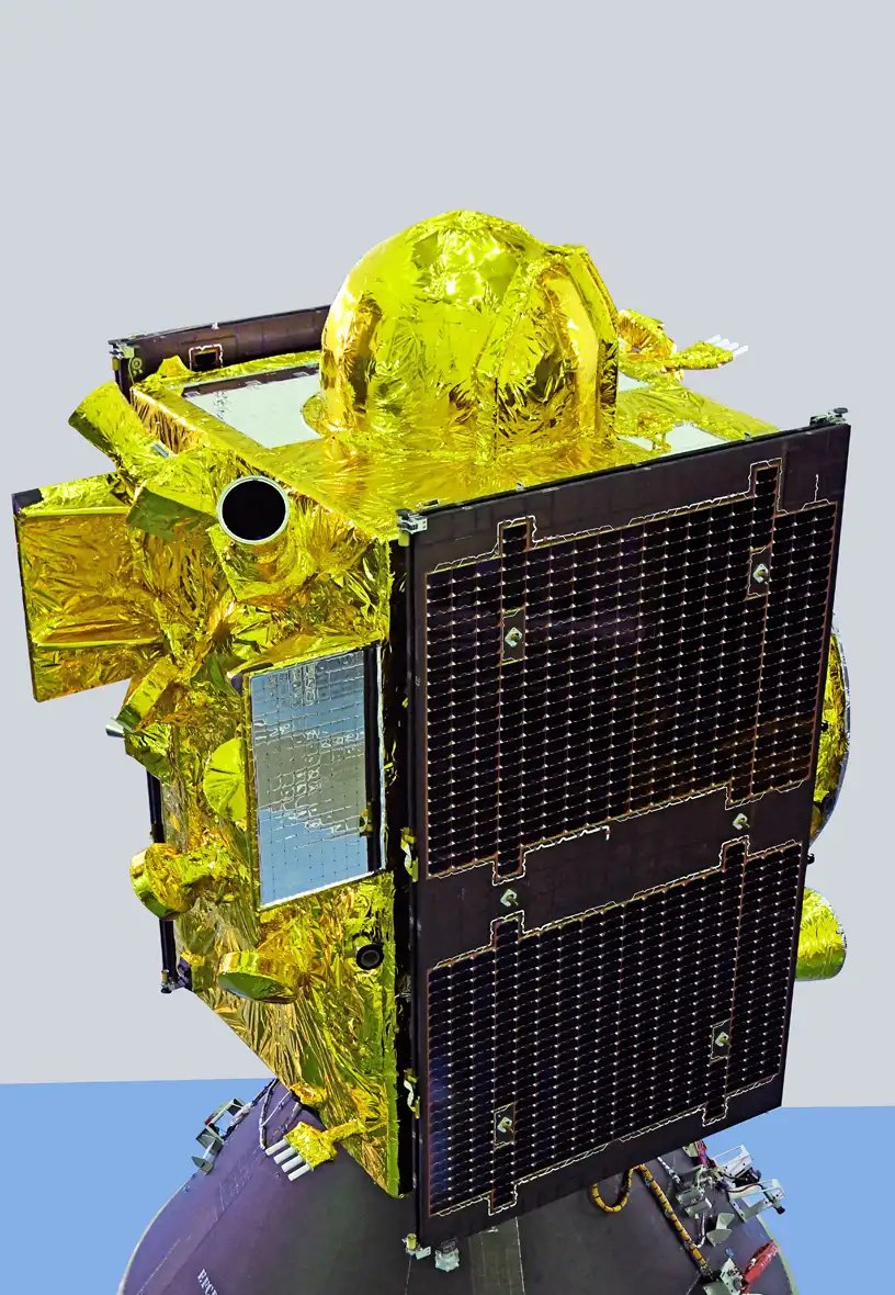 ISRO image of the NVS-03 satellite, a box-shaped spacecraft wrapped in gold insulation with a large dark solar panel on one side