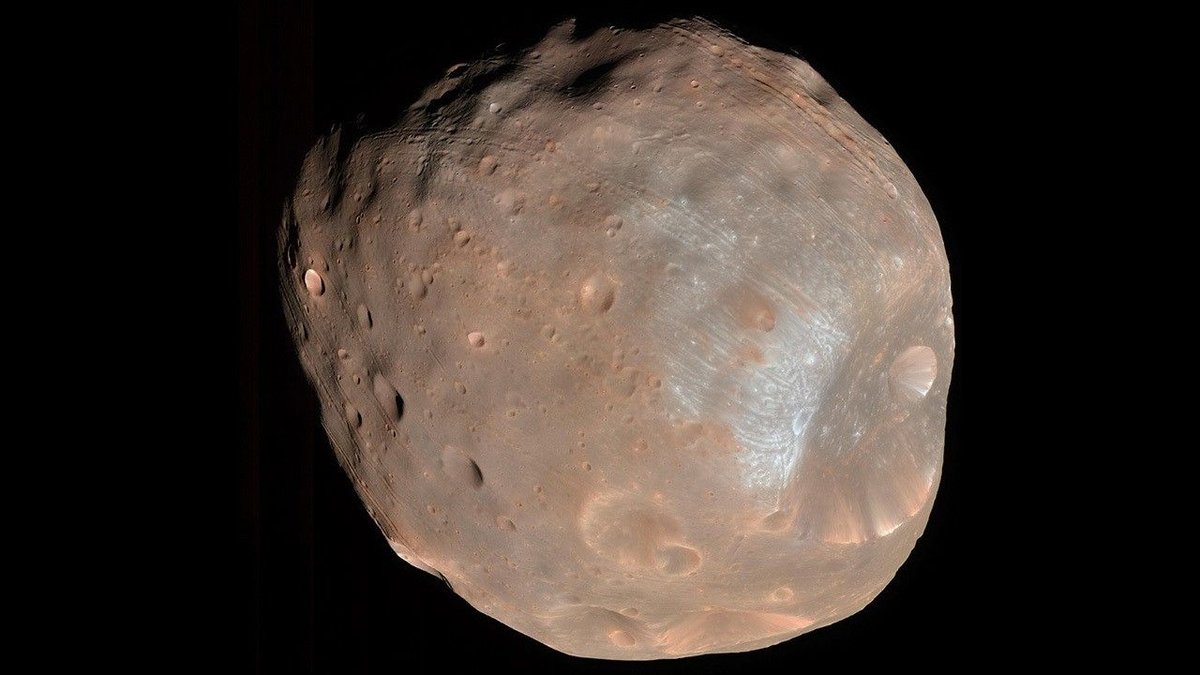 Phobos, a lumpy, crater-covered grey-brown moon, against black space