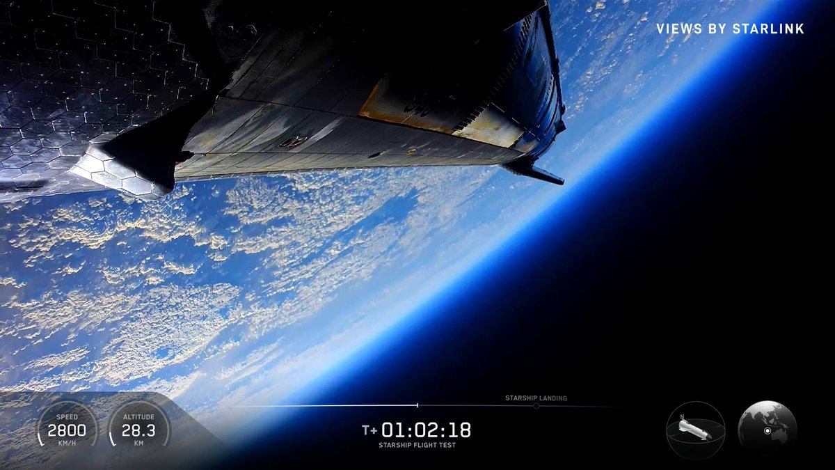 Camera view of the ship's flap and heat-shield tiles high above the curved blue Earth, with a speed of 2,800 km/h and altitude of 28.3 km on the webcast overlay